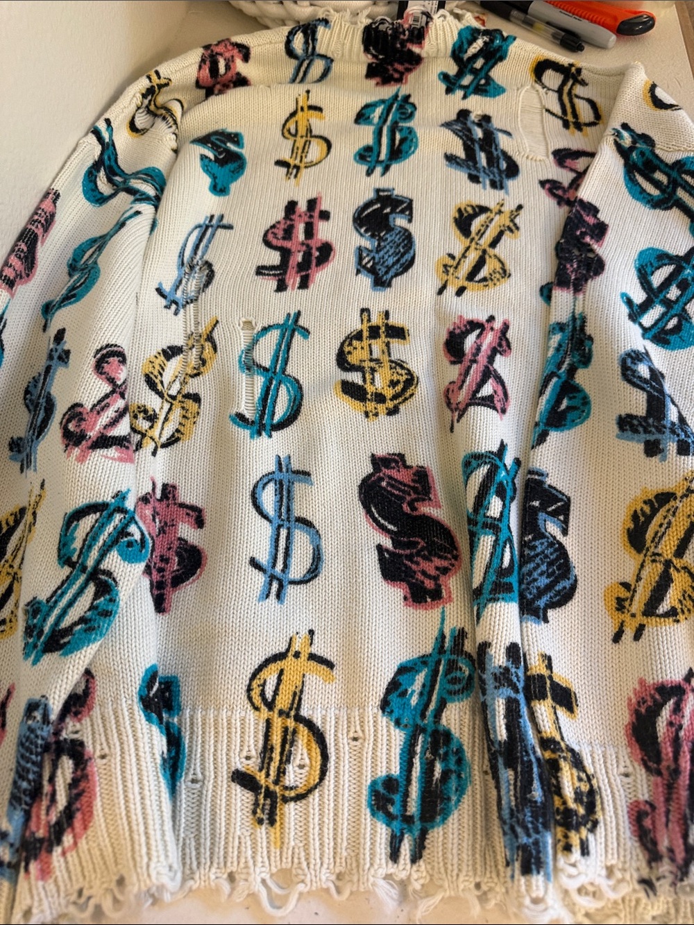 R13 White Crewneck Sweater with Multicolor Dollar Sign Motif - Picture 3 of 4